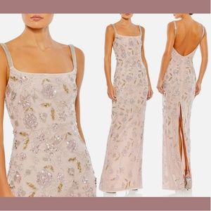 NWT $498 Mac Duggal [ 8 ] Hand Beaded Floral Spaghetti Strap Gown in‎ Rose Pink